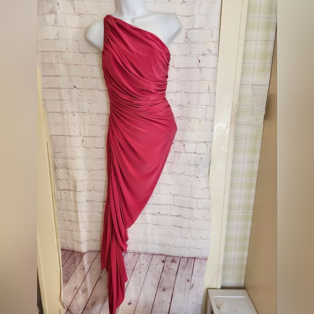 NWT Norma Kamali "Diana" Hot Pink (Rose) One Shoulder Ruched Gown sz.XS Ret $275 - Picture 3 of 12